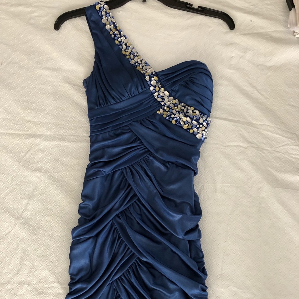 Navy blue one shoulder rhinestone junior dress